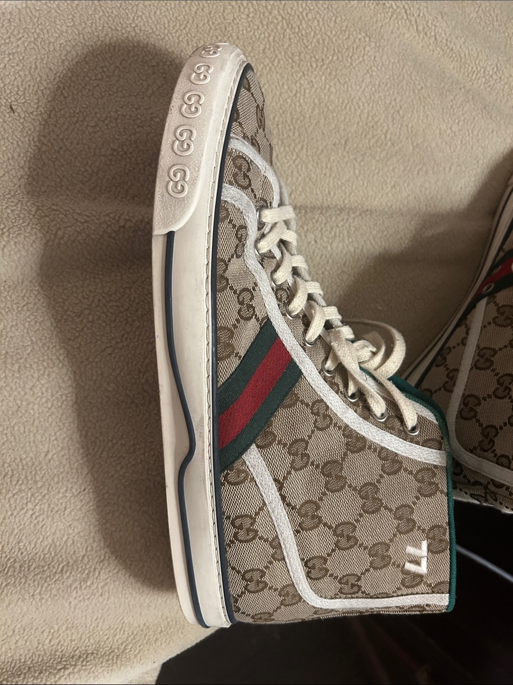 Gucci Beige GG Canvas High-Top Sneaker with Green-Red Web